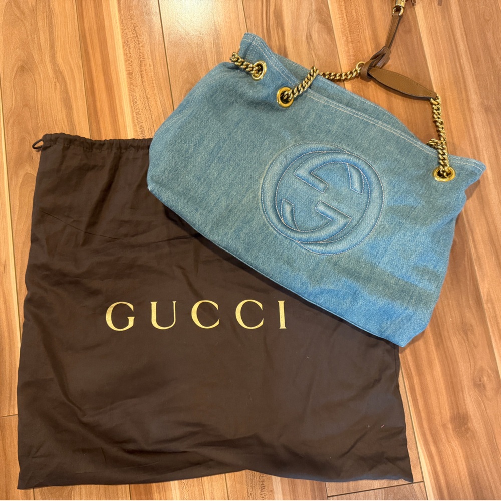 Gucci Blue Denim Shoulder Bag with Gold Chains - Authentic - Picture 3 of 9